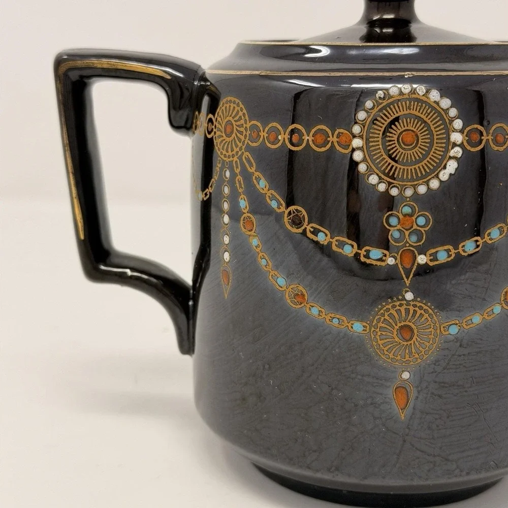 Vintage English Teapot Black Glaze Hand Painted‎ Made in England